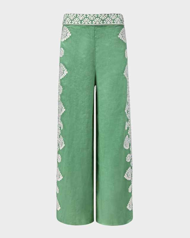 Noemie Embroidered Linen Wide-Leg Pants